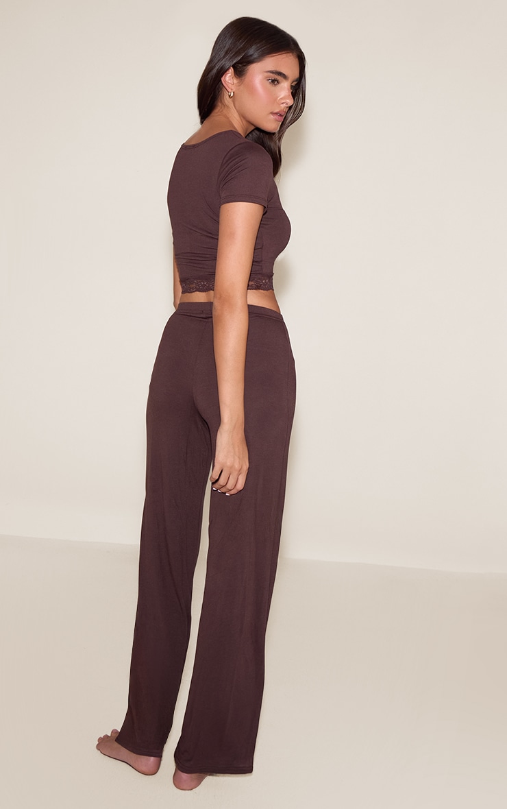 Chocolate Brown Jersey Lace Trim Long PJ Set image 2