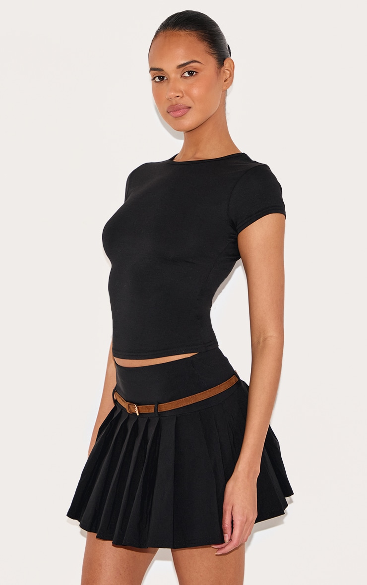 Black Stretch Woven Belt Detail Pleated Mini Skirt | Bottoms