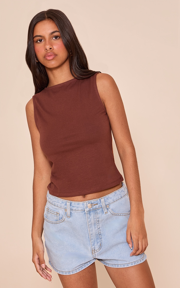 Petite Chocolate Soft Cotton Boat Neck Sleeveless Top image 1