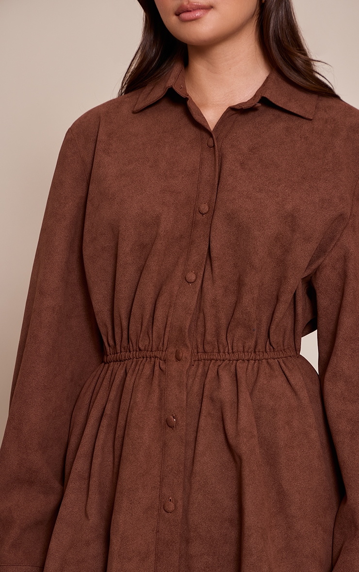 Chocolate Faux Suede Button Down Cinched Waist Mini Dress image 4