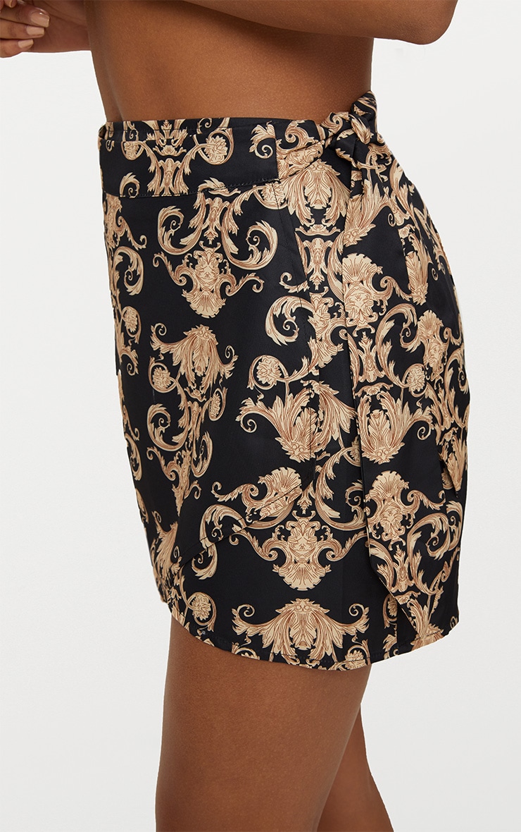 Black Satin Scarf Print Wrap Tie Mini Skirt PrettyLittleThing USA