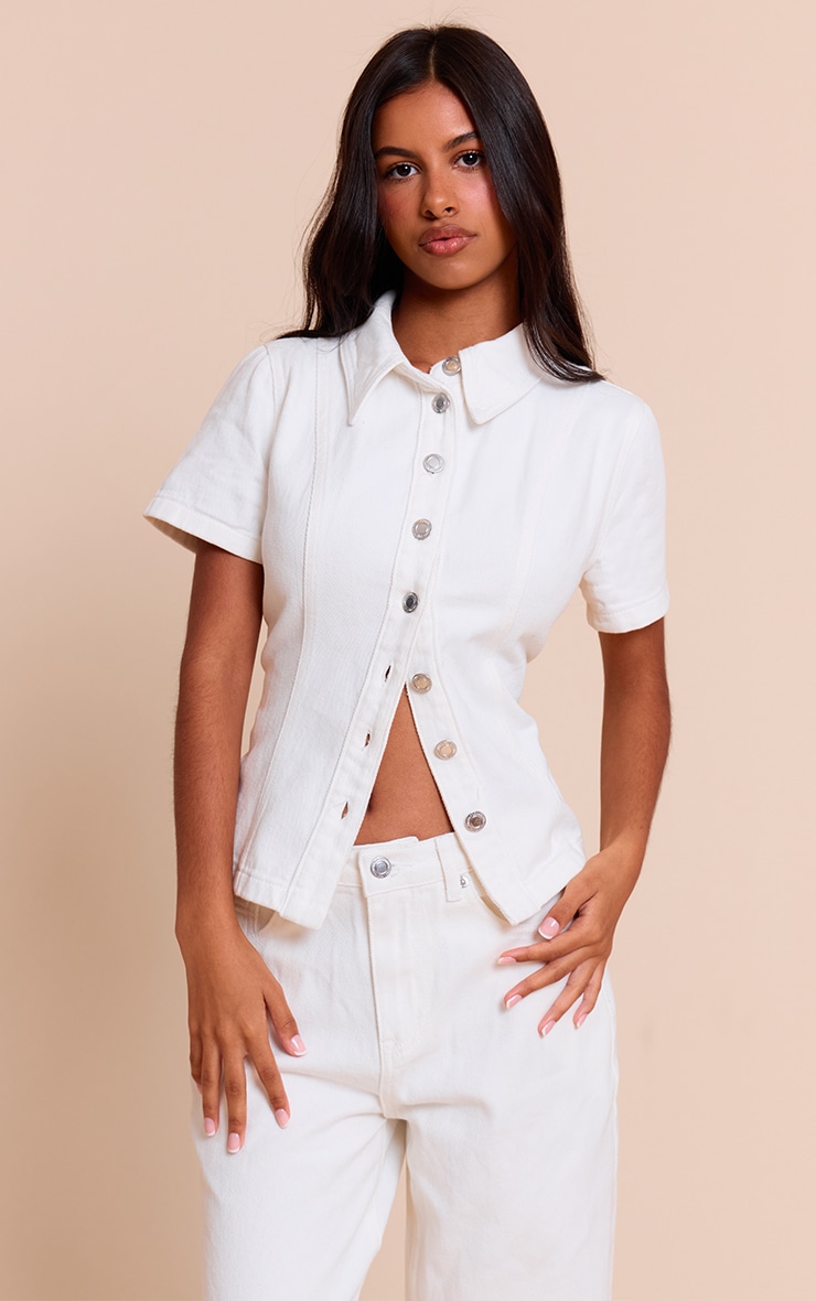 Petite White Denim Button Up Short Sleeve Shirt image 1