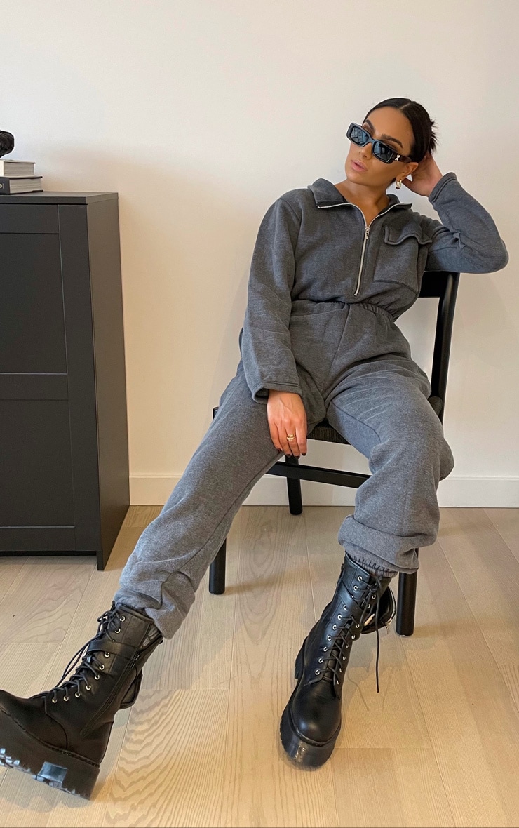 Charcoal Acid Wash Funnel Neck Sweat Jumpsuit