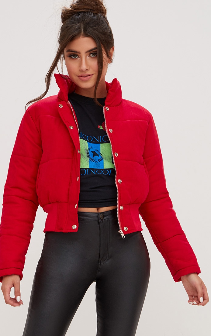 red cropped puffer jacket