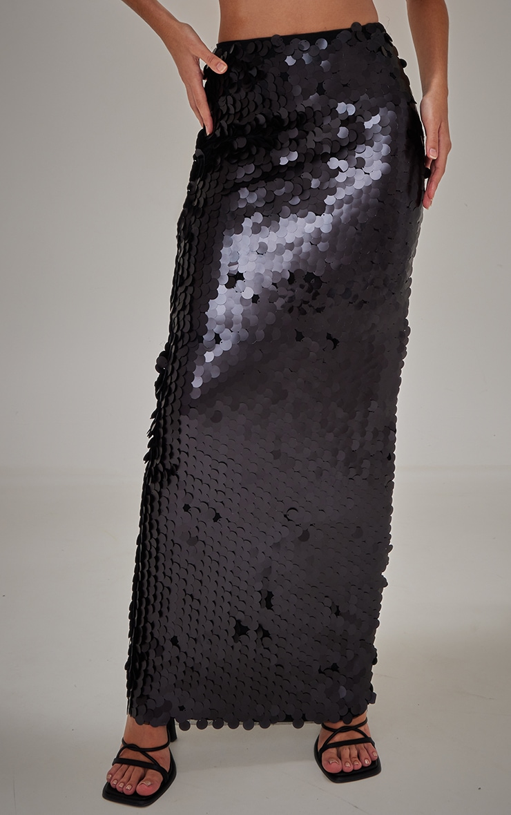 Tall Black Matte Sequin Maxi Skirt image 2