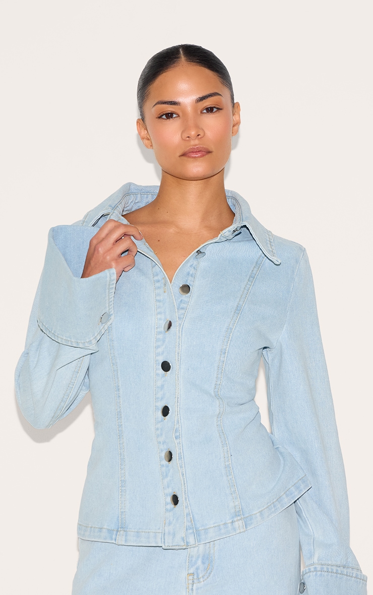 Petite Light Blue Long Sleeve Fitted Denim Shirt image 4