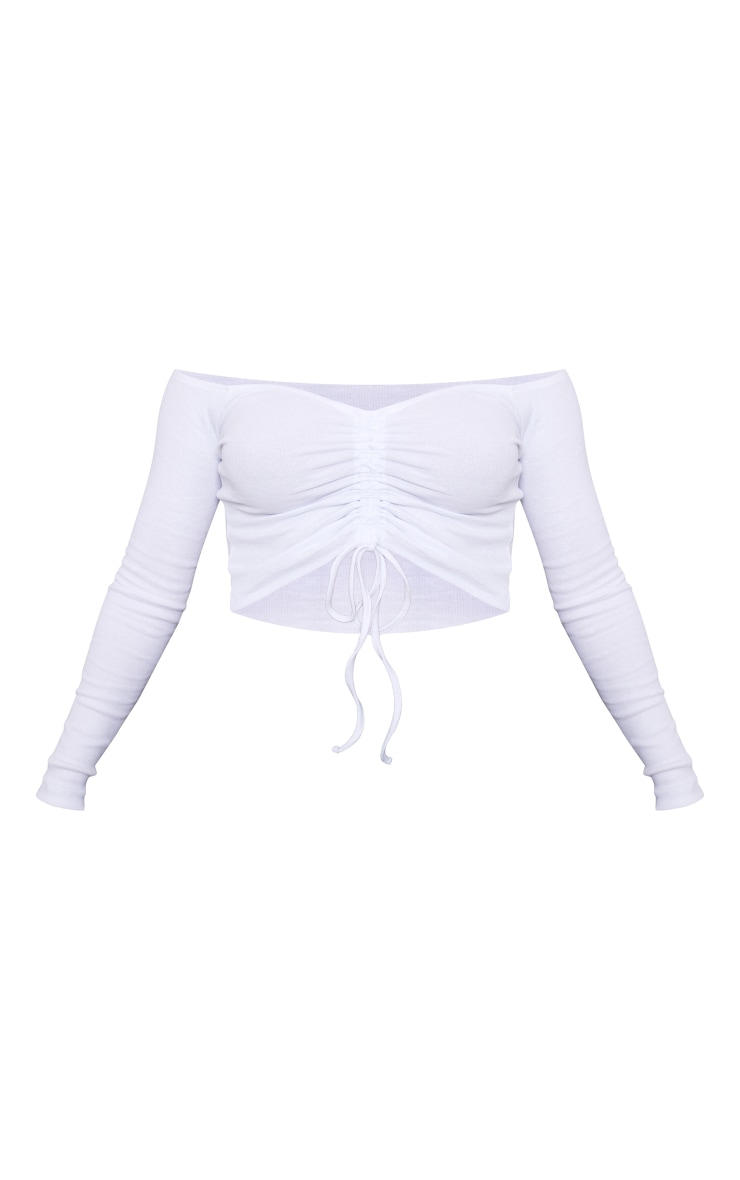 White Rib Bardot Ruched Front Crop Top image 5