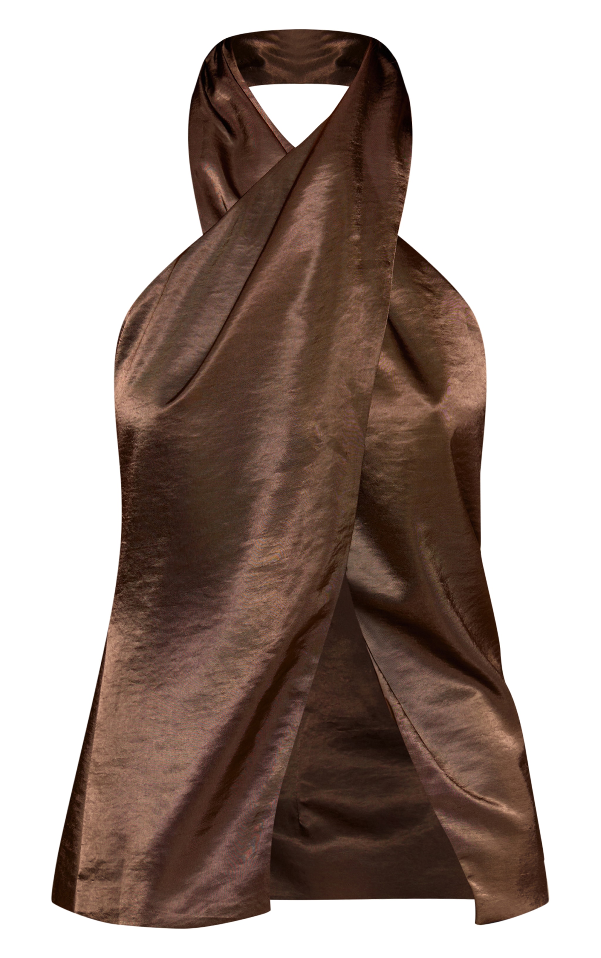 Khaki Satin Wrap Front Halterneck Top image 5