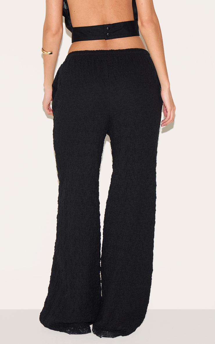 Black Textured Jersey Drawstring Waist Wide Leg Trousers image 3