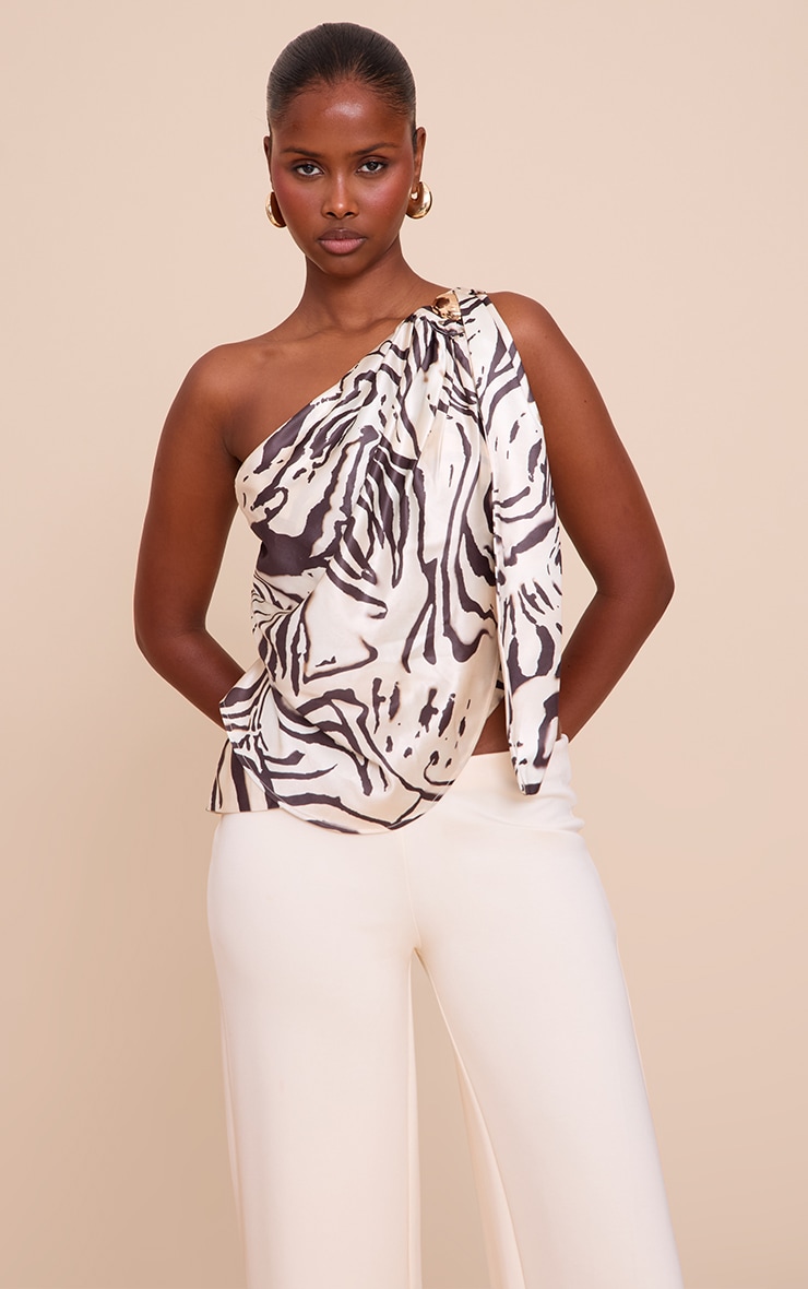 Beige Printed Satin Drape Trim Detail Top image 1