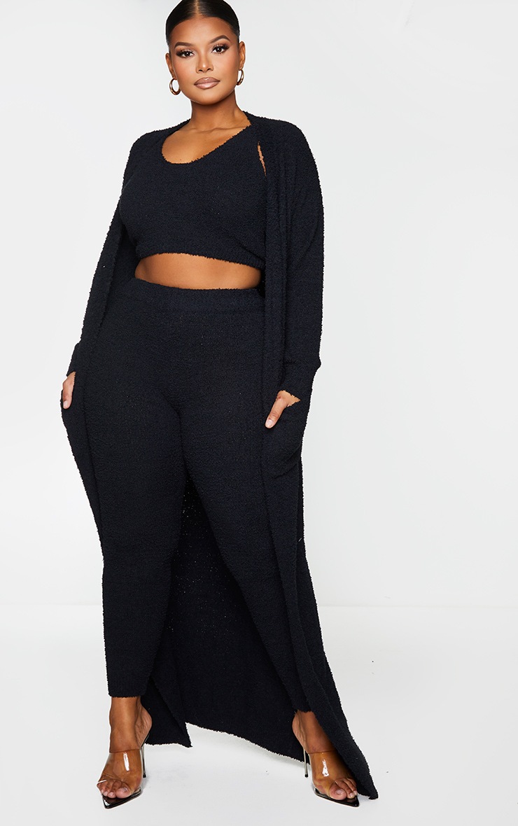 Plus Black Chenille Longline Belted Pocket Detail Cardigan