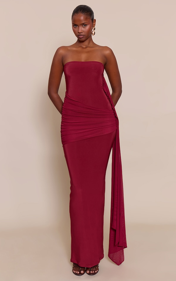 Robe longue moulante rouge vin à détail foulard