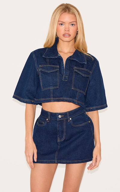 Chemise courte en jean indigo à coutures contrastées