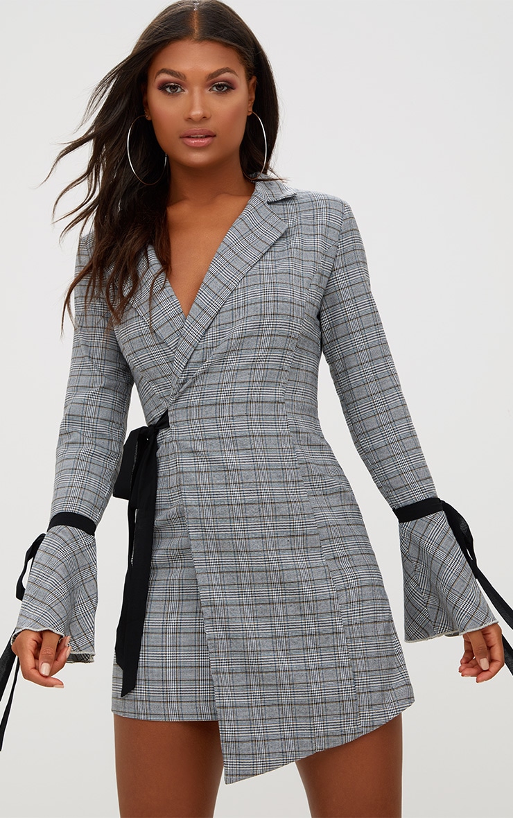 Grey Checkered Tie Sleeve Bodycon Dress PrettyLittleThing