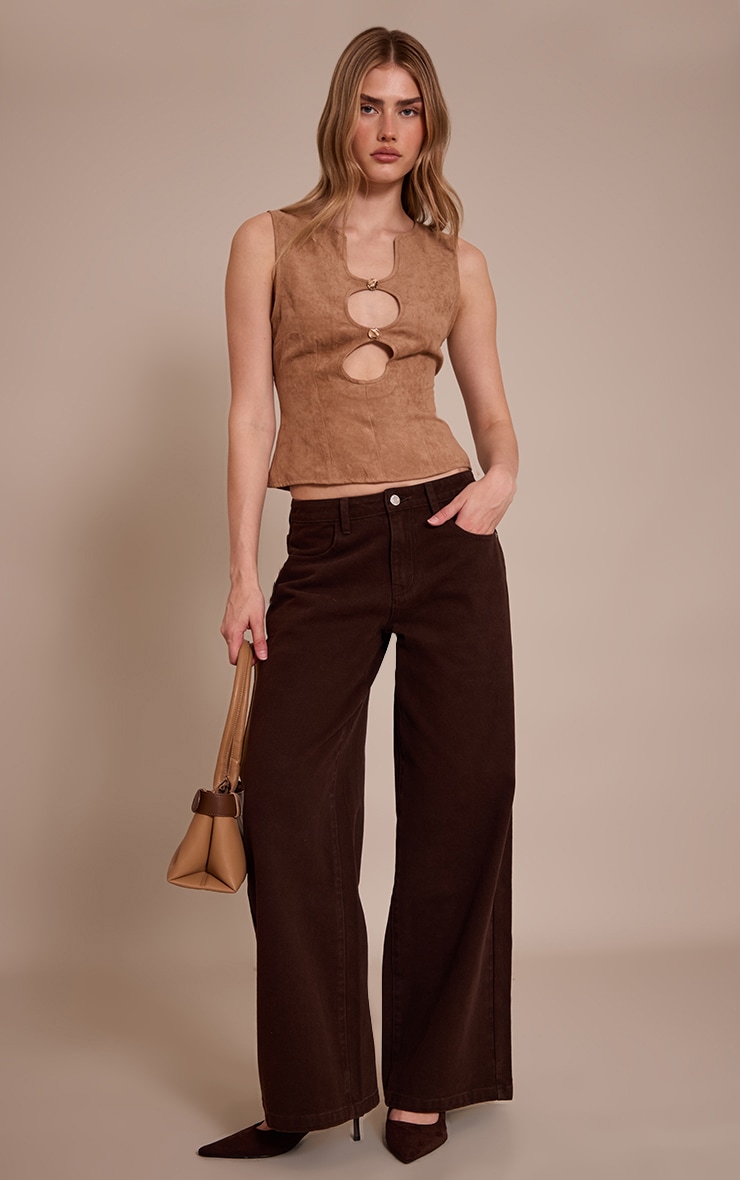 Sand Faux Suede Fitted Cut Out Long Top image 3