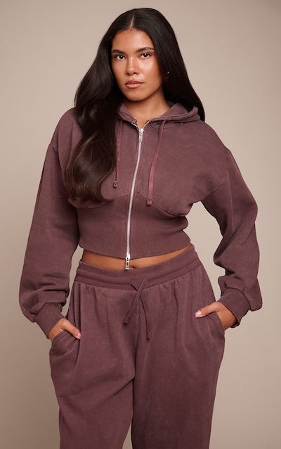 Shape Plum Washed Zip Front Cinched Waist Hoodie