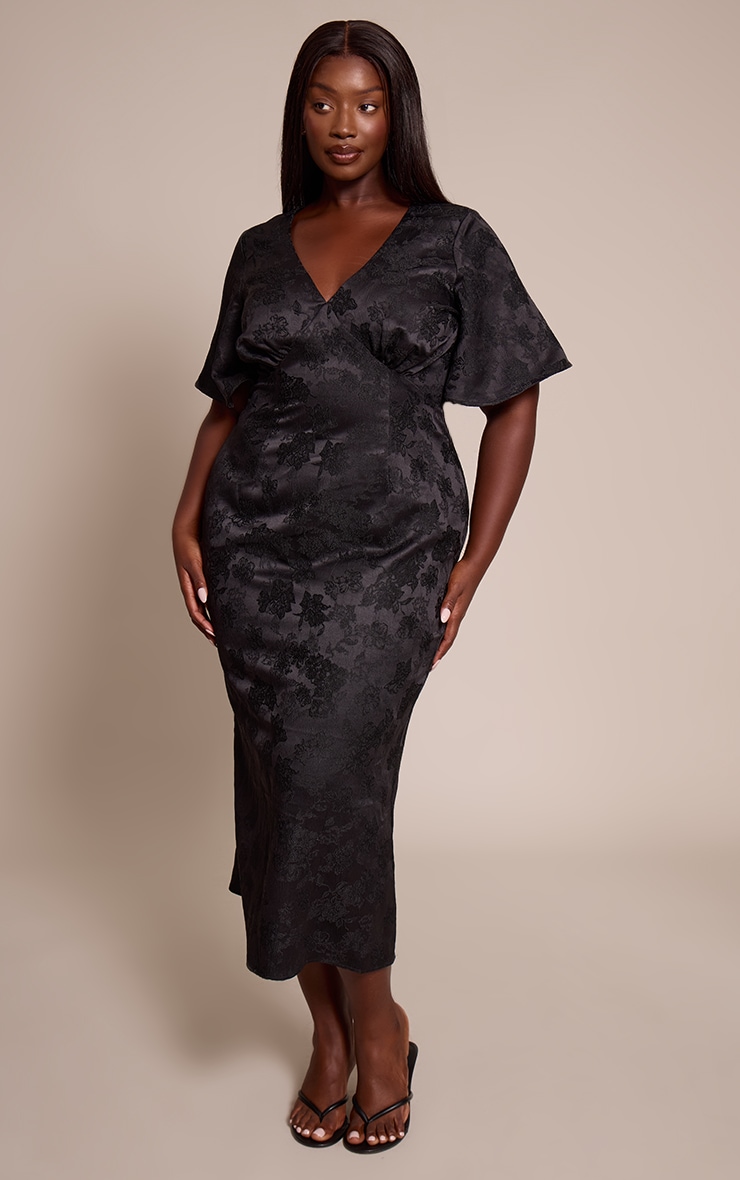 Plus Black Floral Jacquard Puff Sleeve Plunge Neck Maxi Dress image 3