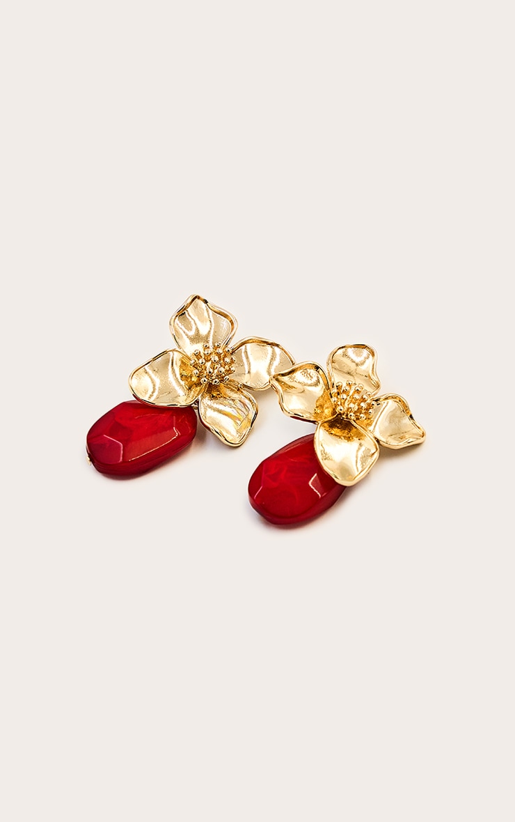 Gold Floral Earrings with Red Crystal Detail image 3