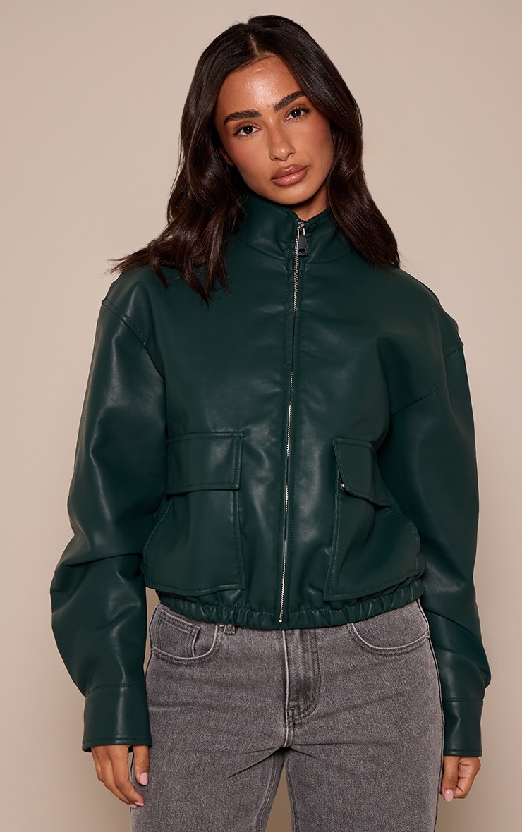 Petite Deep Green Faux Leather Bomber Jacket