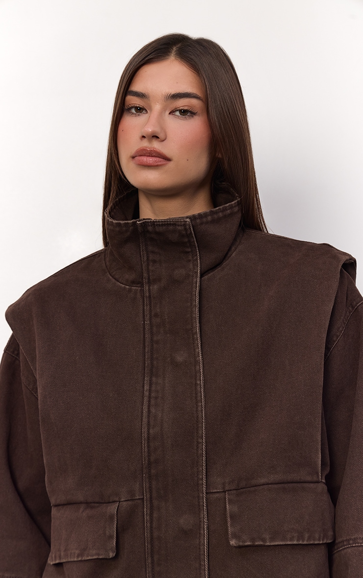 Chocolate Funnel Neck Pocket Detail Denim Jacket  image 4