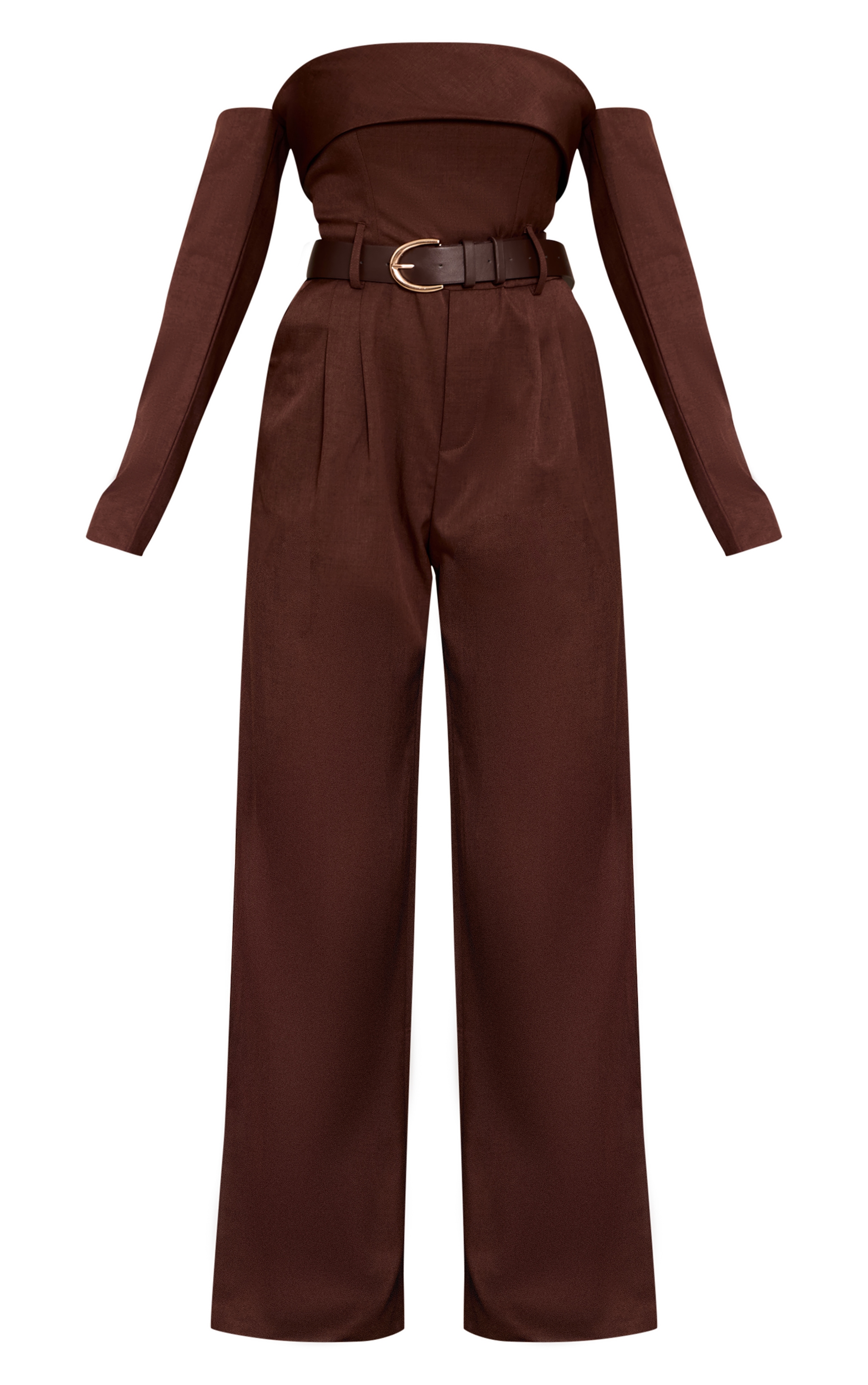 Chocolate Woven Bardot Long Sleeve Belt Detail Jumpsuit image 5