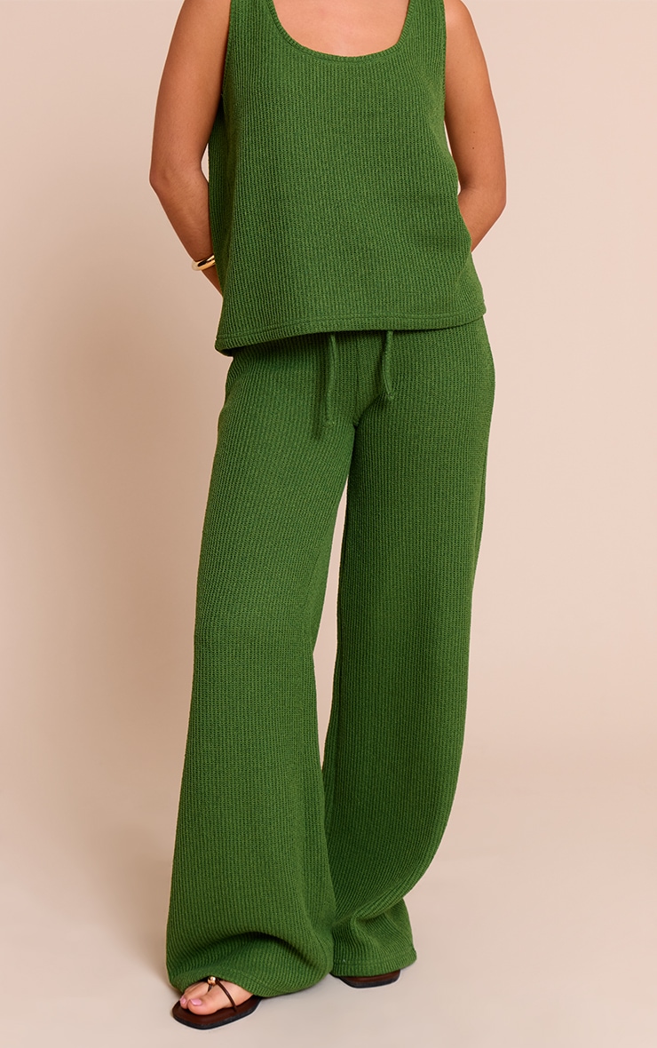 Olive Textured Waffle Mid Rise Wide Leg Pants image 2