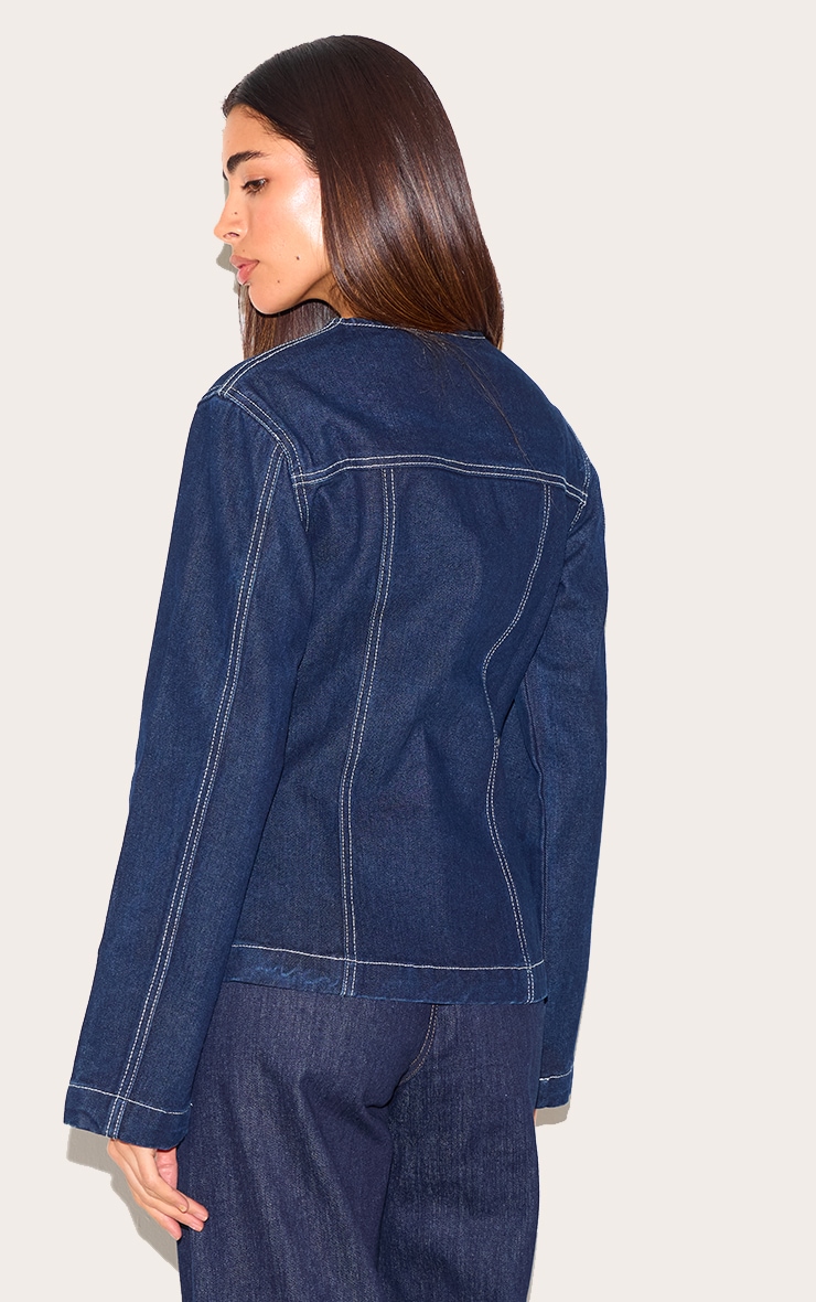 Indigo Round Neck Cinched Long Sleeve Denim Jacket image 2