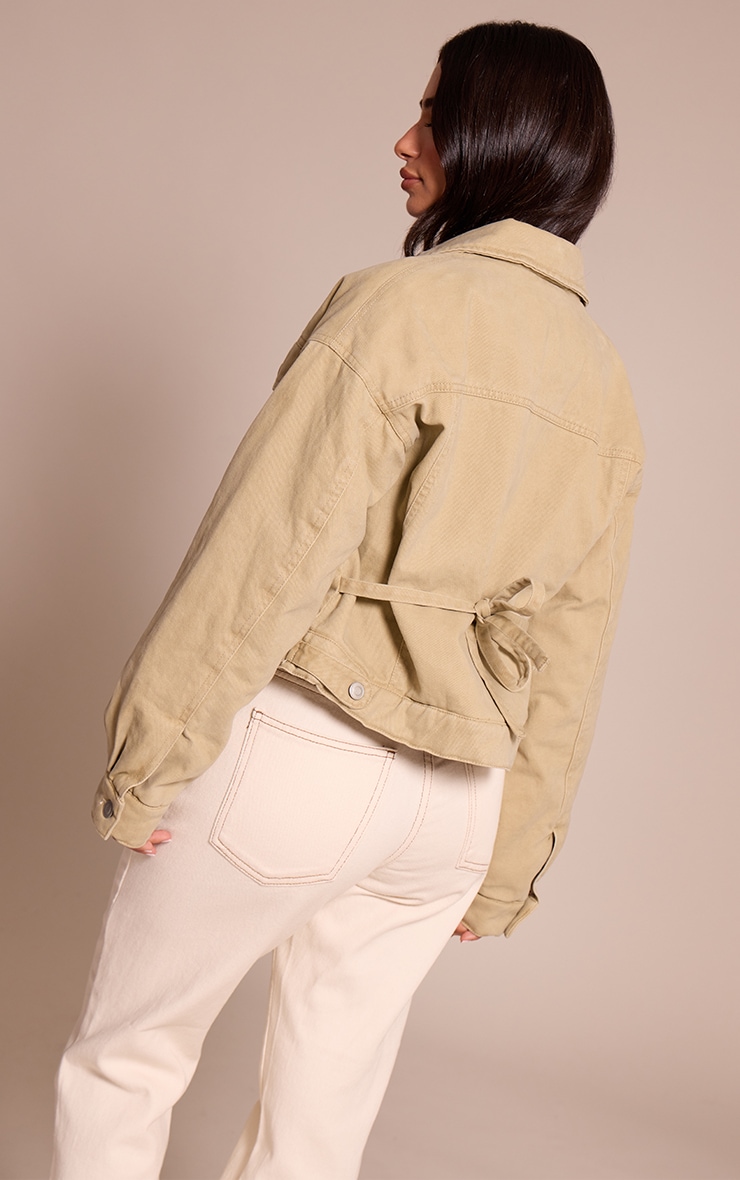 Petite Washed Green Quilted Tie Back Denim Jacket image 2