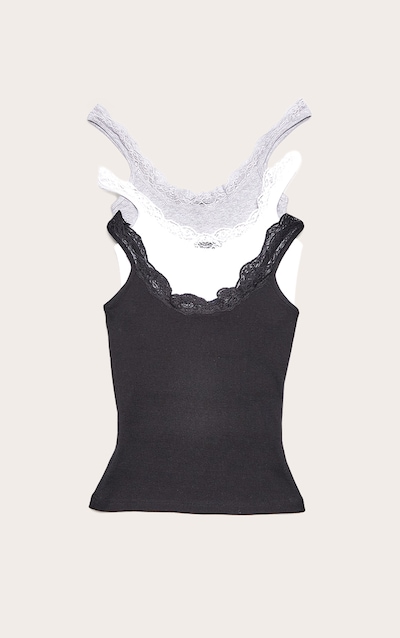 Ensemble de 3 débardeurs de pyjama côtelés, bordure en dentelle