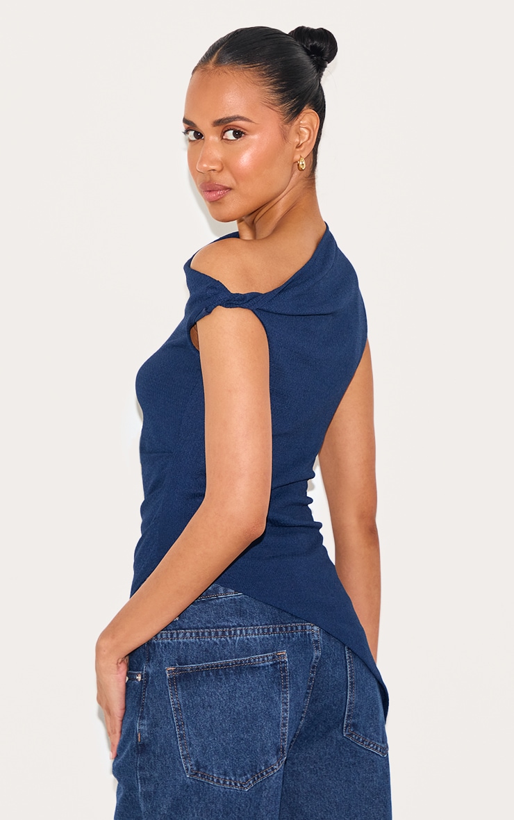 Navy Textured Rib Twist Detail Asymmetric Longline Top image 2