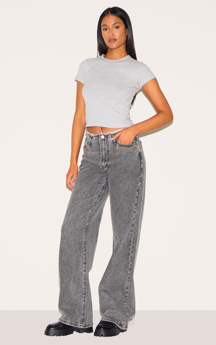 Tall Washed Grey Fray Waist Low Rise Straight Leg Jeans image 1