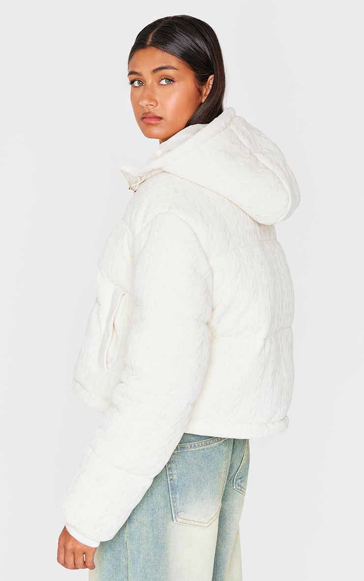 Oatmeal Cable Knit Puffer Coat image 2