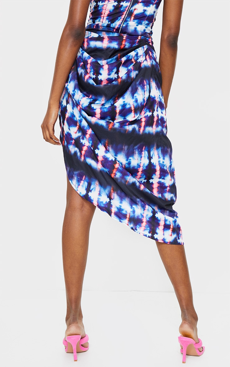 Tall Navy Tie Dye Ruched Side Midi Skirt image 3