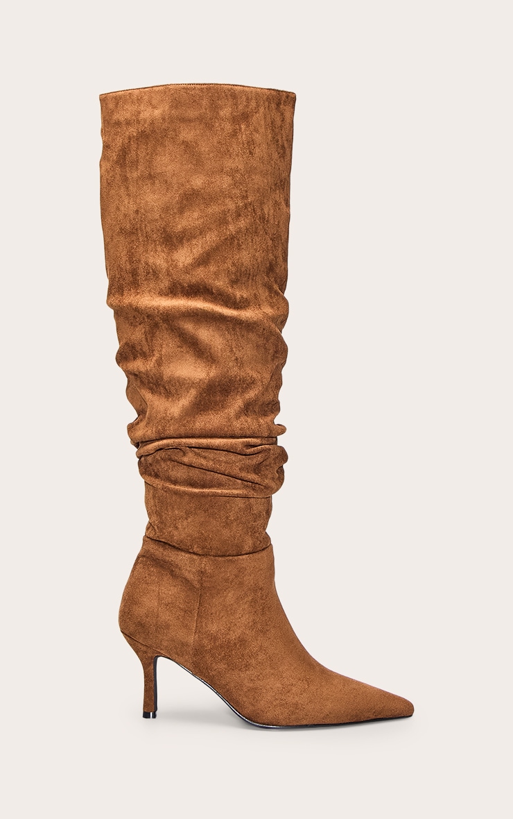 Bottes hautes en suédine marron clair froncées à talon image 2