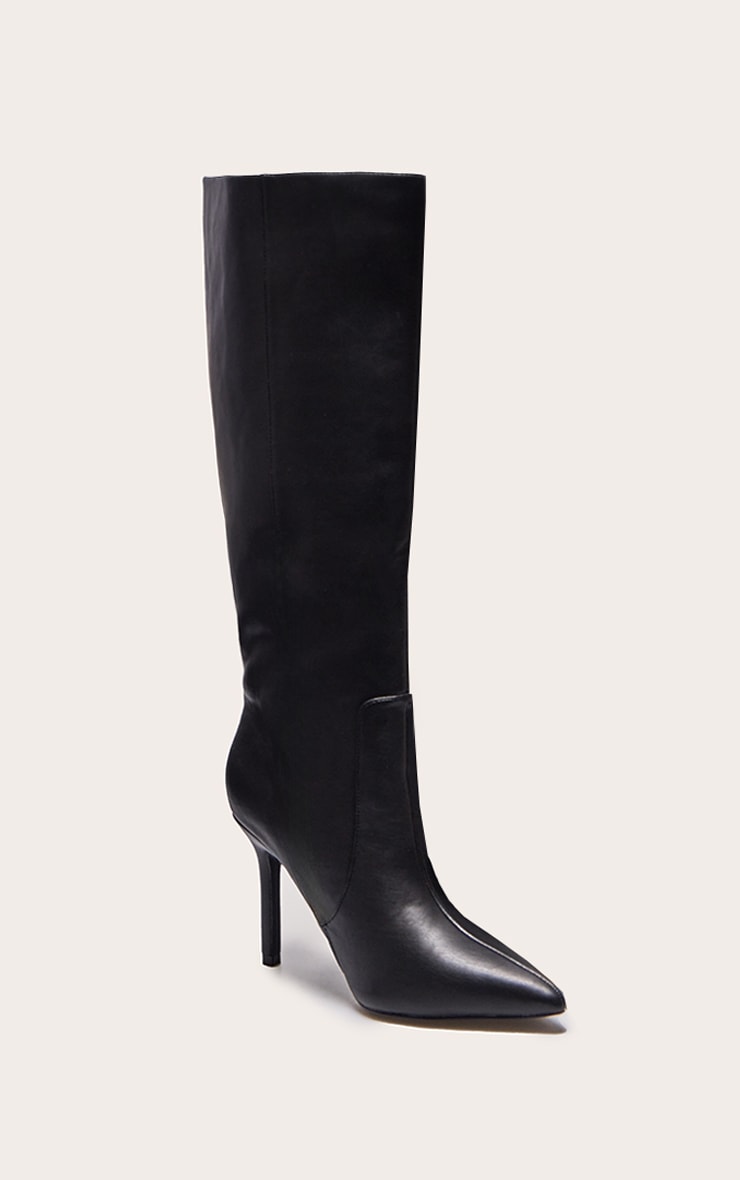Black PU Wide Fit Point Toe Knee High Boots image 2