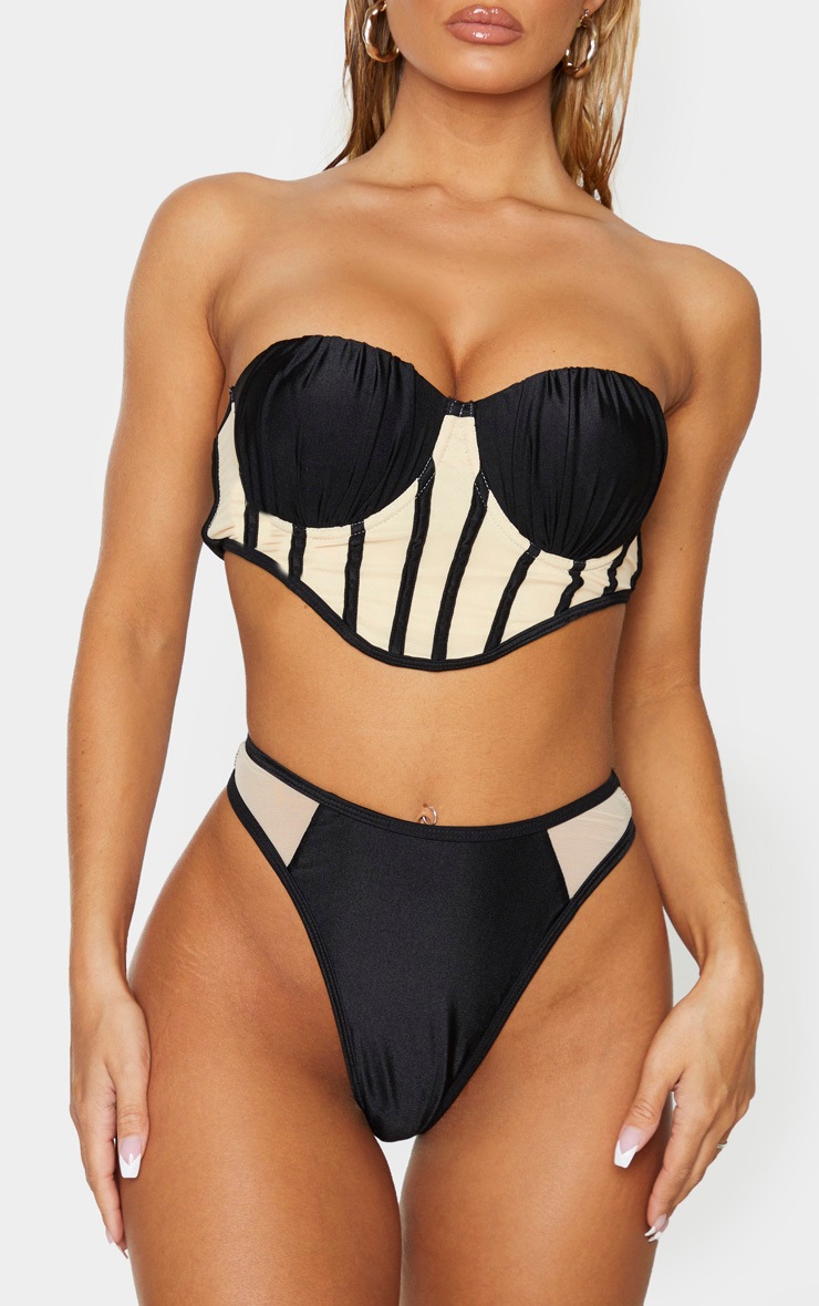 Black Mesh Detail High Waisted Bikini Bottoms