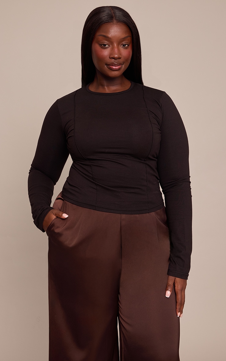 Plus Black Cotton Seam Detail Long Sleeve Top