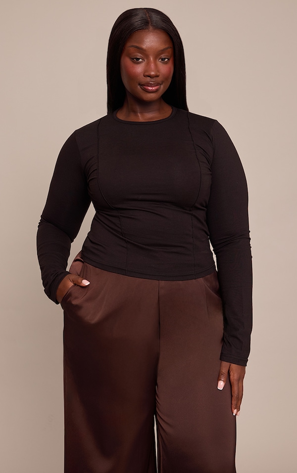 Plus Black Cotton Seam Detail Long Sleeve Top 