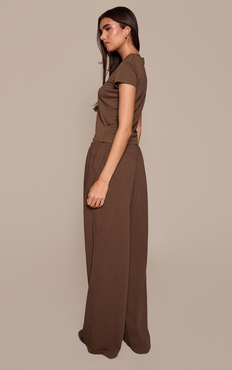 Chocolate Brown Soft Textured Relaxed Wide Leg Trousers image 3