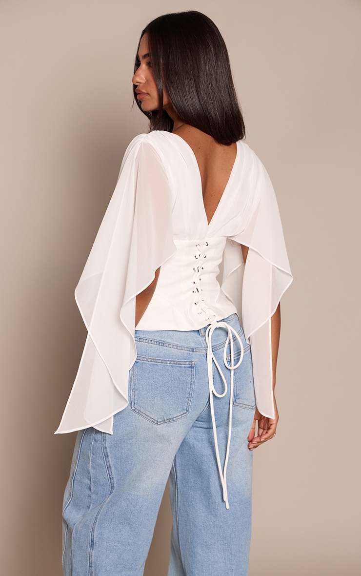 Petite White Corset Waist Chiffon Drape Sleeve Top image 2