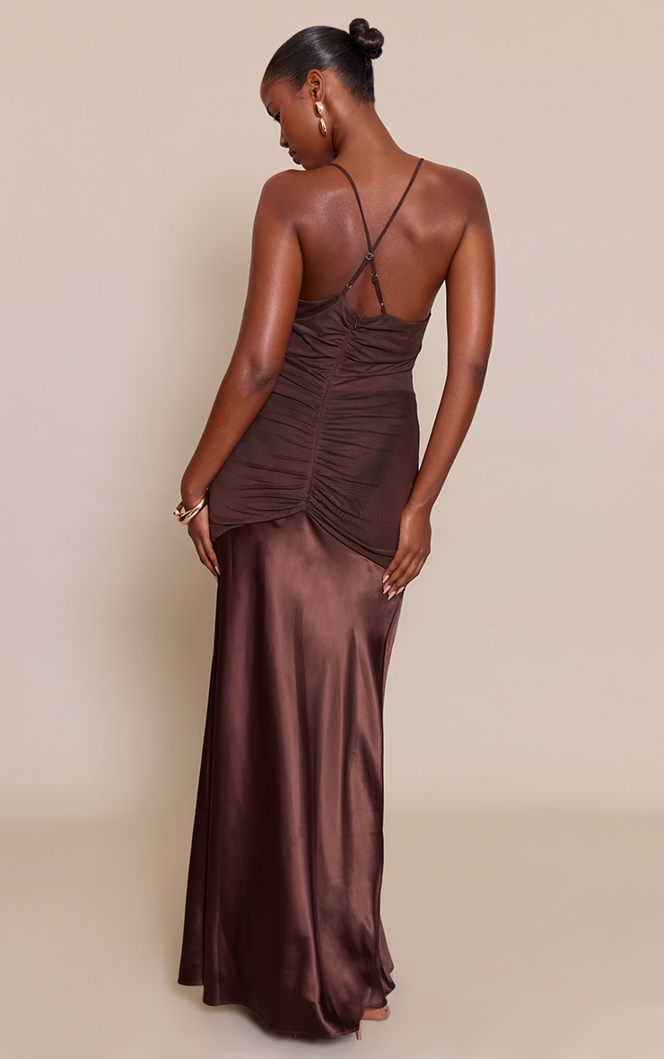 Chocolate Ruched Satin Maxi Slip Dress image 2