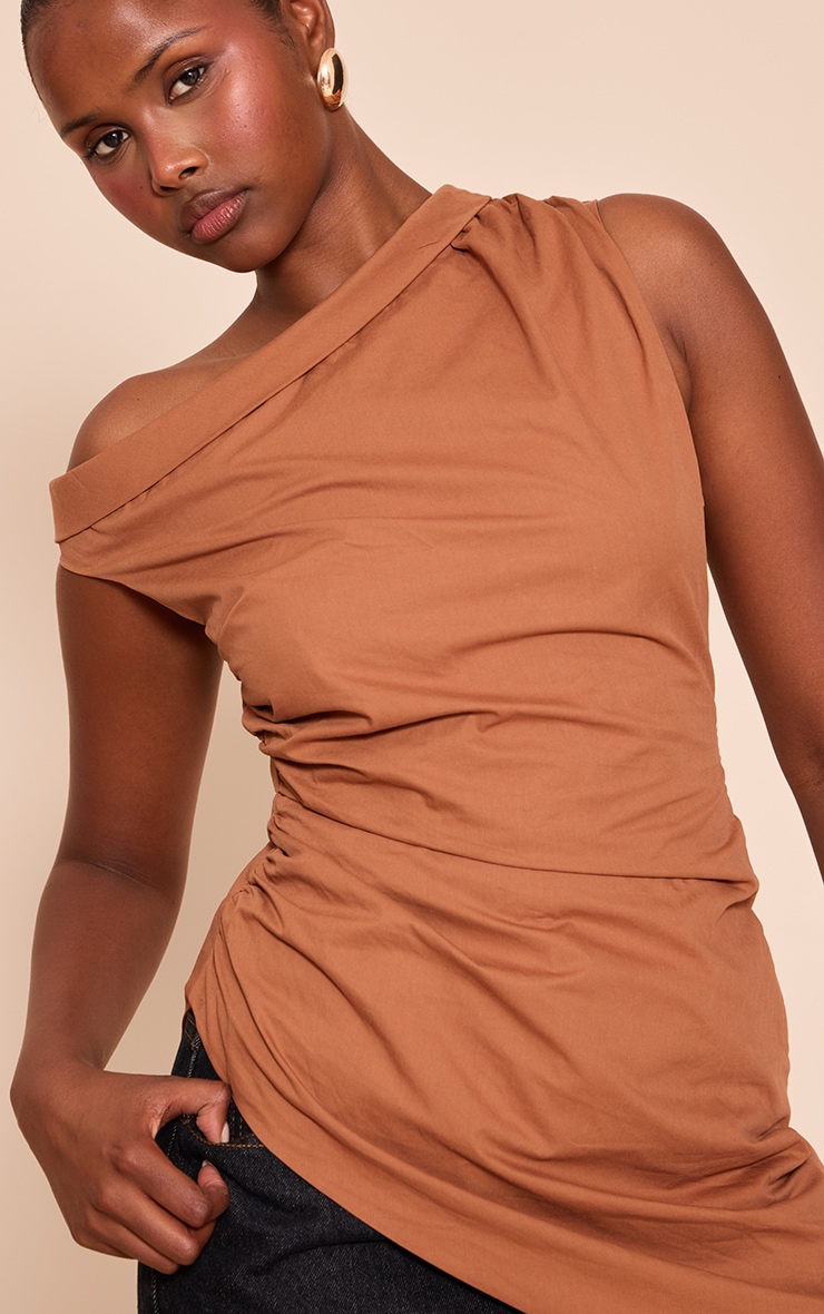 Burnt Orange Cotton One Shoulder Ruched Extreme Asymmetric Hem Top image 4