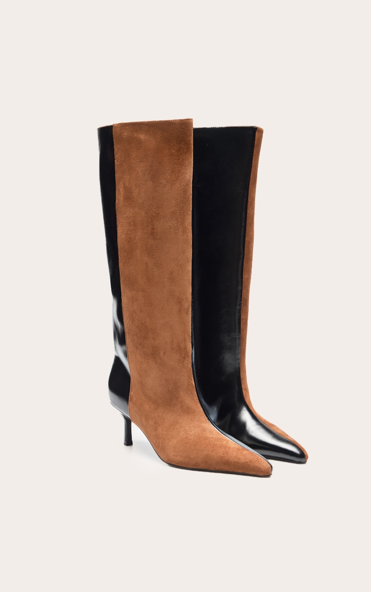 Black PU Tan Suede Contrast Heeled Knee High Boot image 3