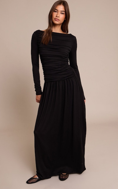Black Soft Touch Jersey Ruched Long Sleeve Maxi Dress