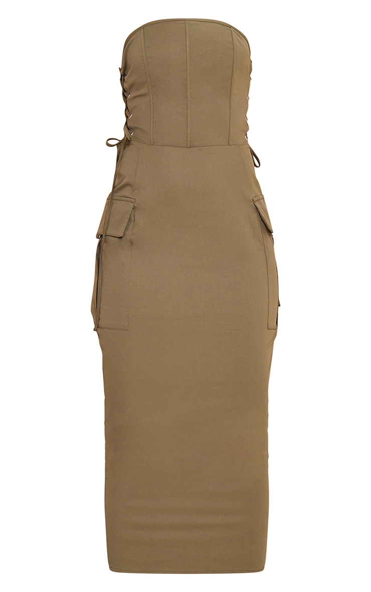 Khaki Corset Lace Up Side Cargo Style Midi Dress image 5