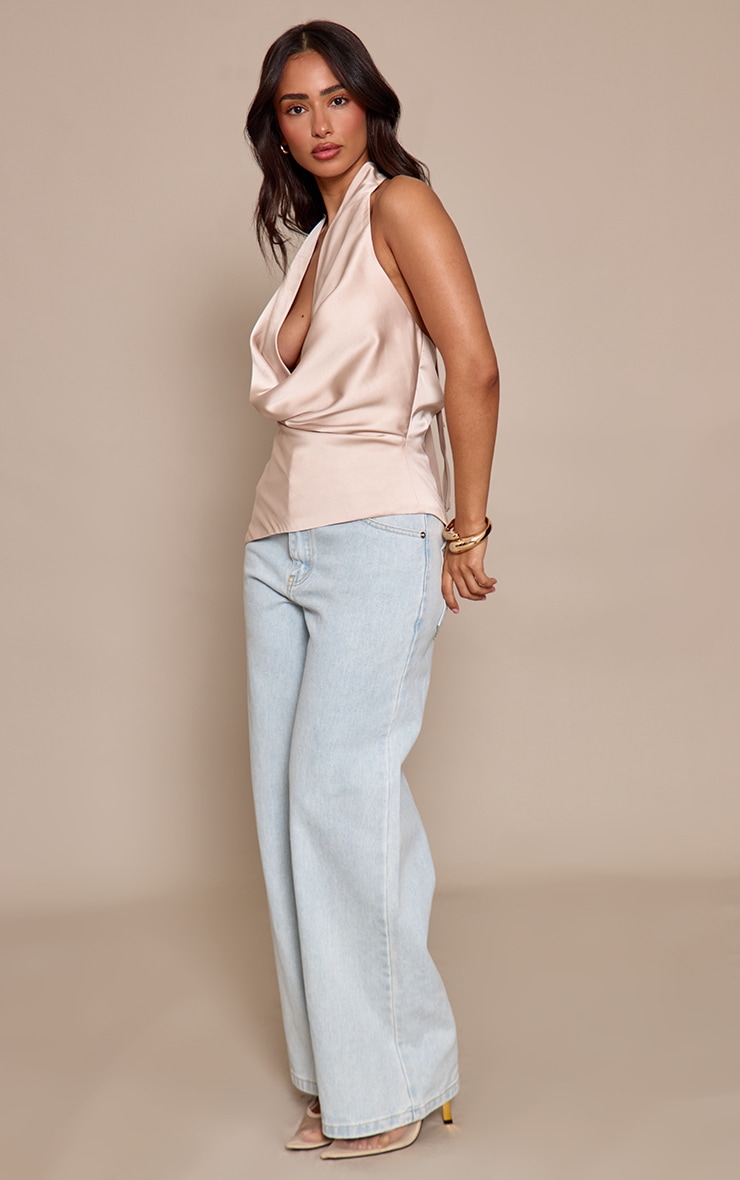 Petite Cream Tie Detail Satin Cowl Ruched Top image 3