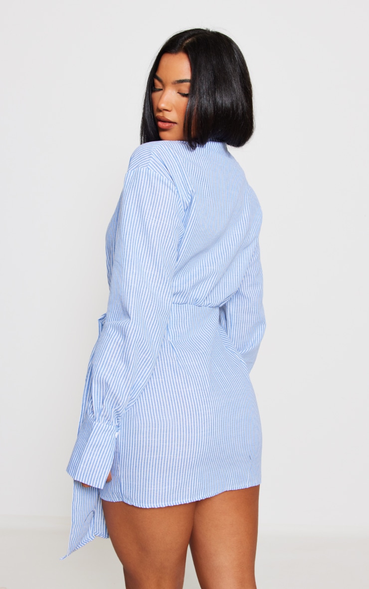 Light Blue Stripe Tie Detail Button Down Shirt Dress image 2