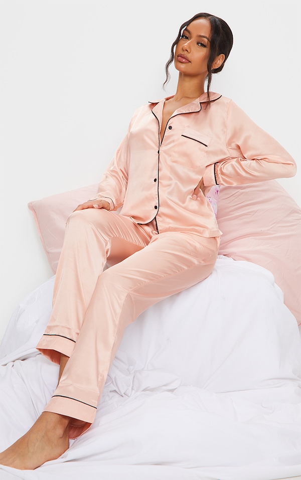 Rose Gold Contrast Piping Satin Long PJ Set