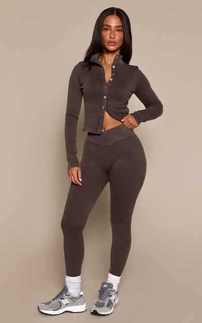 Petite Legging côtelé chocolat à contours et taille asymétrique