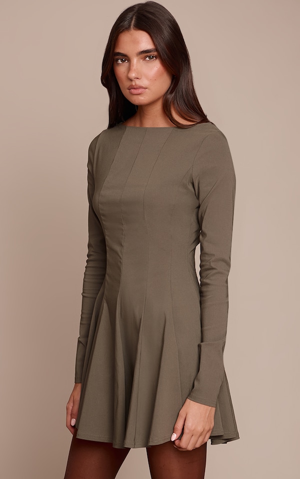 Khaki Stretch Woven Boat Neck Long Sleeve Pleated Shift Dress